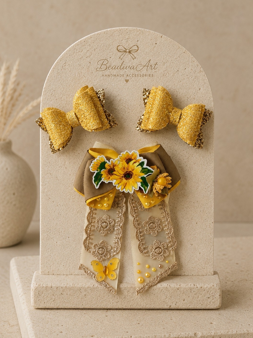 Handmade Sunflower Hair Bow & Glitter Clip Set Girls Fall Hair Accesories ✨